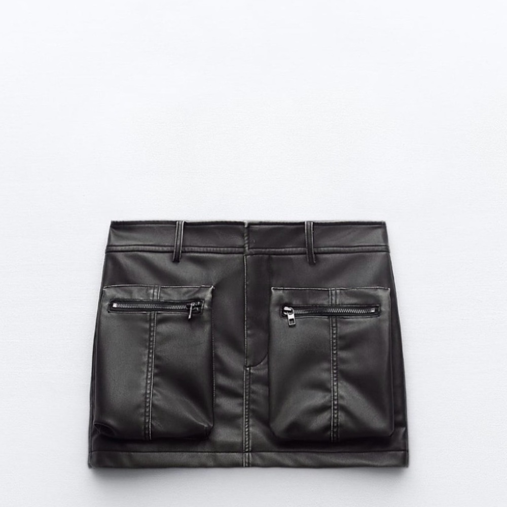 New with Tags Zara Brown Faux Leather Cargo Mini Skirt with Zip Pockets
